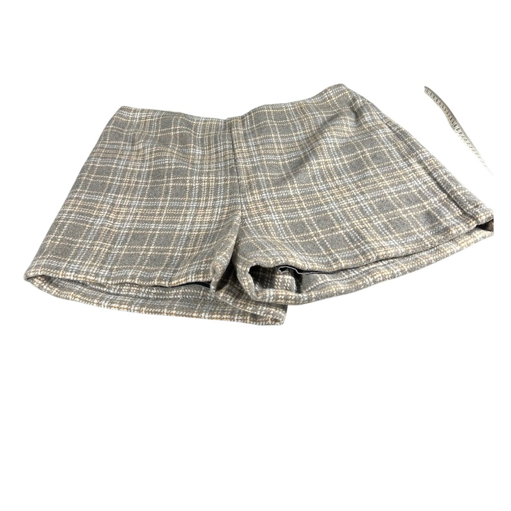 New Skies Are Blue Plaid Shorts Womens L Gray Tan High Waisted Lined preppy